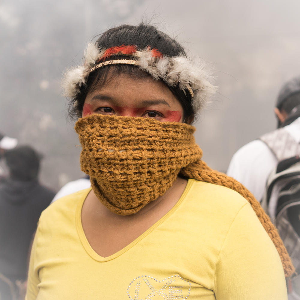 A Waorani woman during the protests of October of 2019 in Quito, Ecuador.