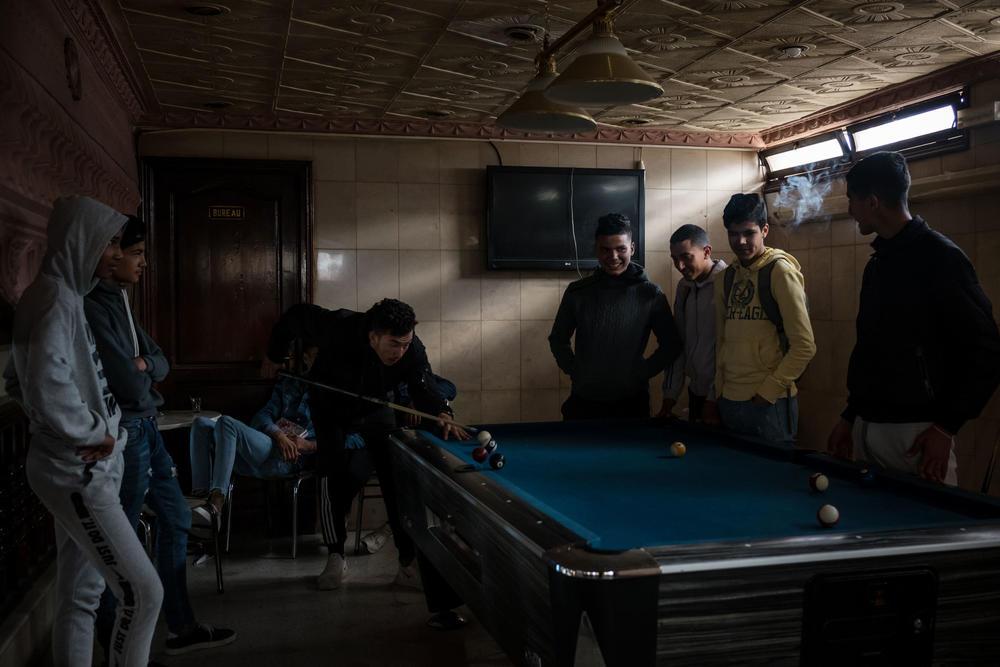 High school students play pool during a break between classes in Sousse, Tunisia, in February.