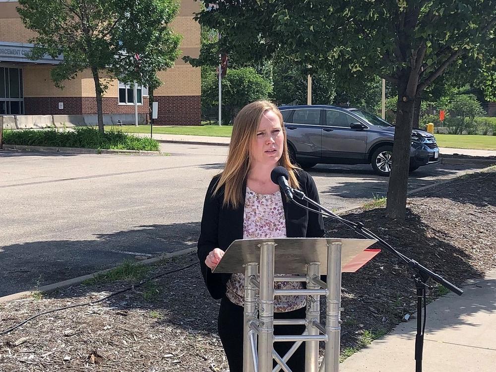 Minneapolis attorney Bonnie Smith, who is representing eight correctional officers in a discrimination case against the Ramsey County jail, speaks outside the facility in St. Paul, Minn., on Sunday.