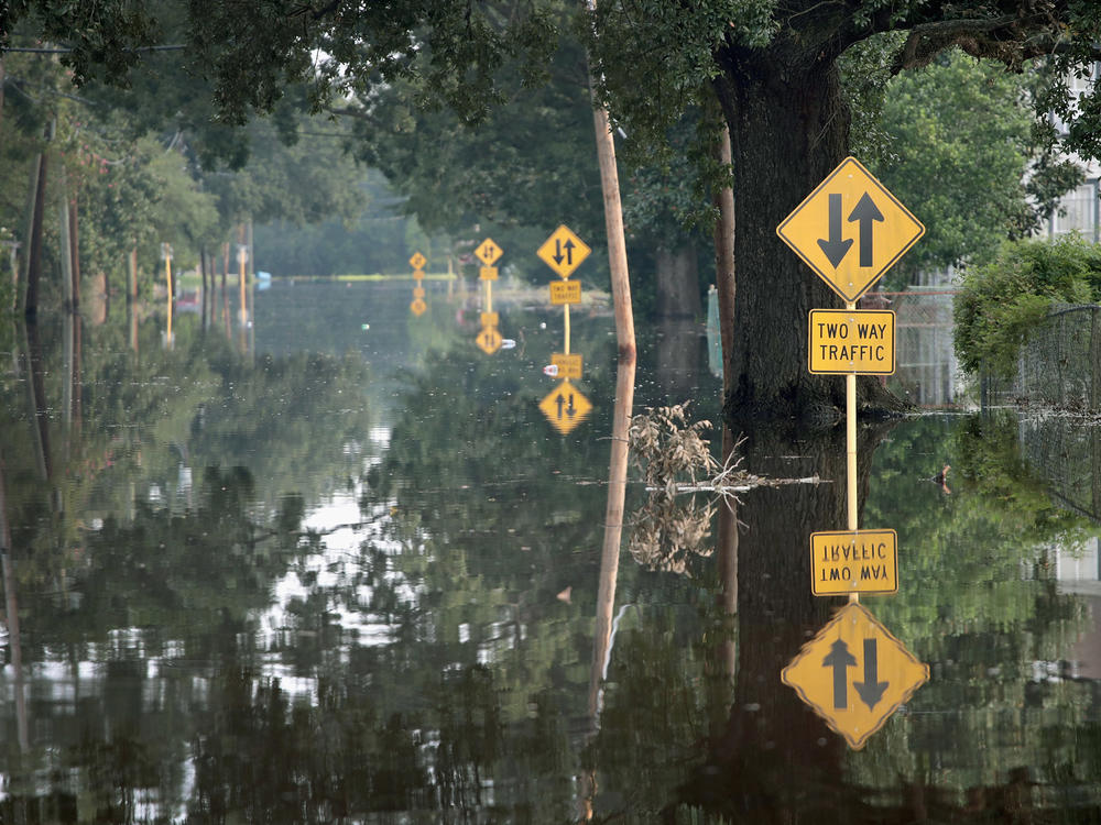 A flooded street in Orange, Texas in 2017. Climate-driven extreme rain and sea level rise, coupled with development in flood-prone areas, have led to more competition for limited federal flood mitigation dollars.