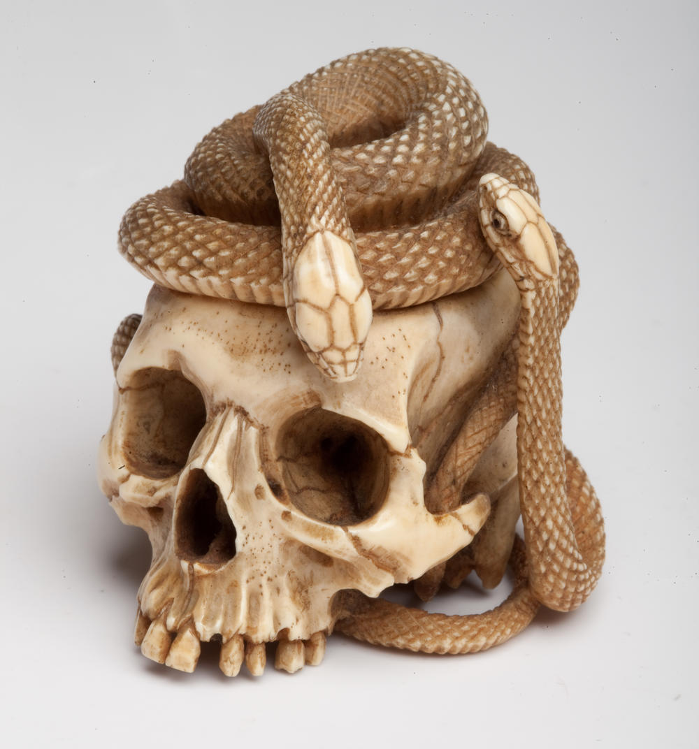 <em>Skull with two snakes (Netsuke), approx. 1800–1900. Japan. Ivory; inlaid horn.</em>