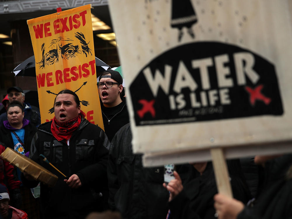 Members of the Standing Rock Sioux Tribe and its supporters, shown here during a demonstration in 2017, have opposed the Dakota Access Pipeline for years.