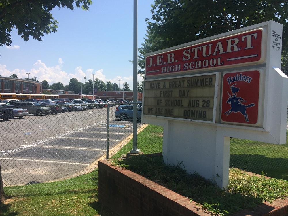The sign for J.E.B. Stuart High School in Falls Church, Va., named after the slaveholding Confederate general, photographed in 2017. The name was changed to Justice High School two years ago.