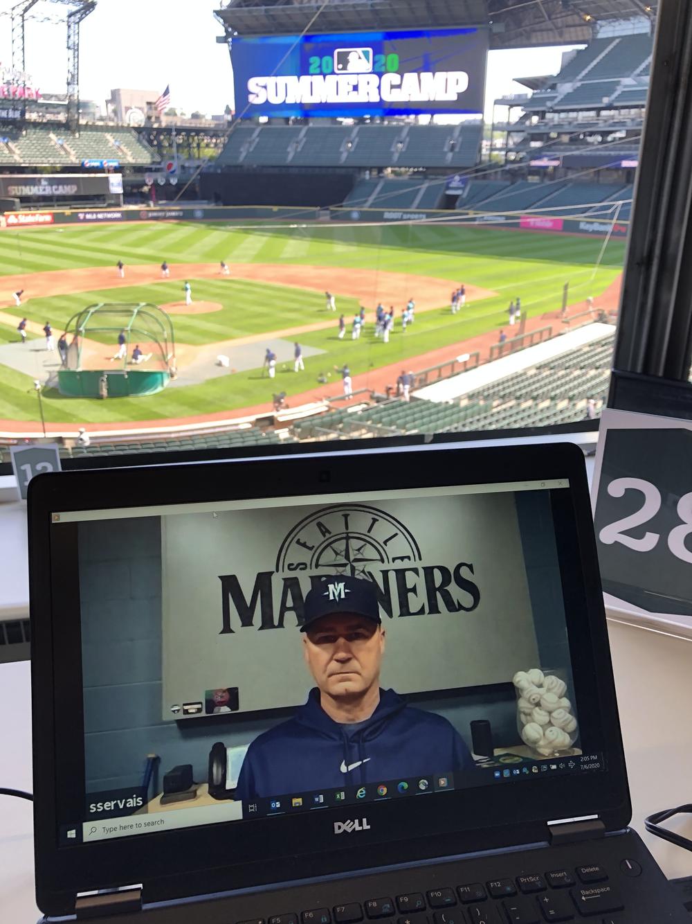 At the Seattle Mariners summer training, the team is only conducting interviews using Zoom. Mariners manager Scott Servais answers reporters questions via computer.