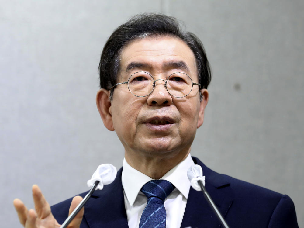 Police say that Seoul Mayor Park Won-soon, shown during a press conference earlier this month, was found dead in a wooded park. A police official says the cause of death is under investigation.