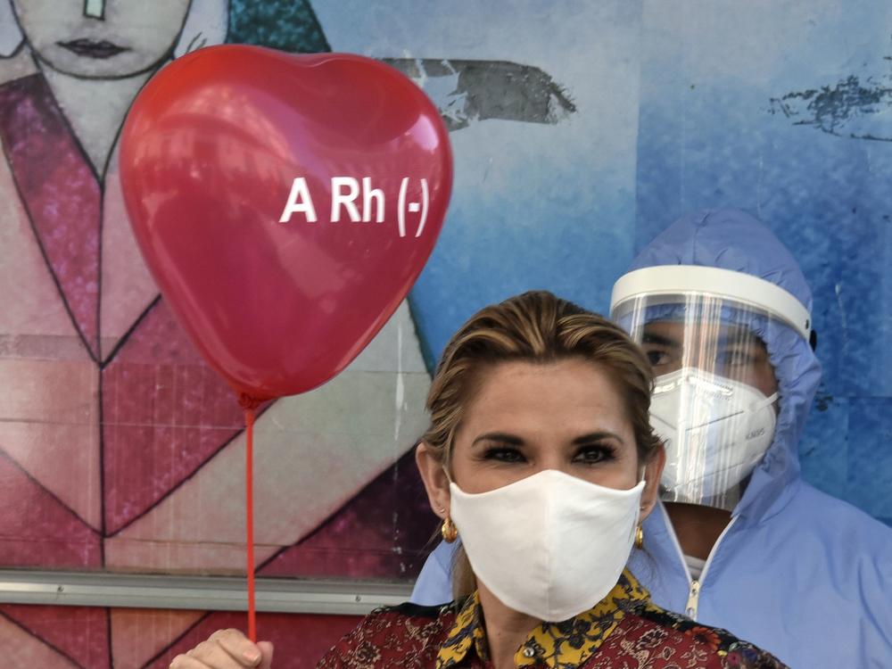 Bolivian President Jeanine Áñez is pictured before donating blood at the presidential palace in La Paz last month amid the COVID-19 pandemic.