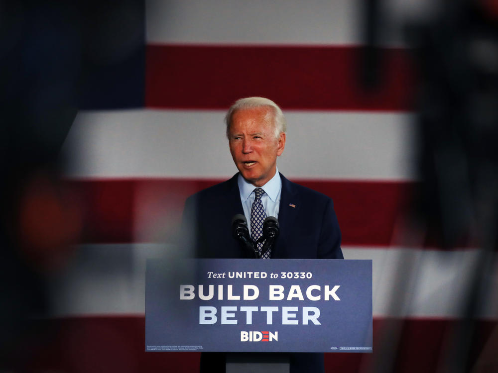 Presumptive Democratic presidential nominee Joe Biden discusses his economic policy Thursday at McGregor Industries in Dunmore, Pa.