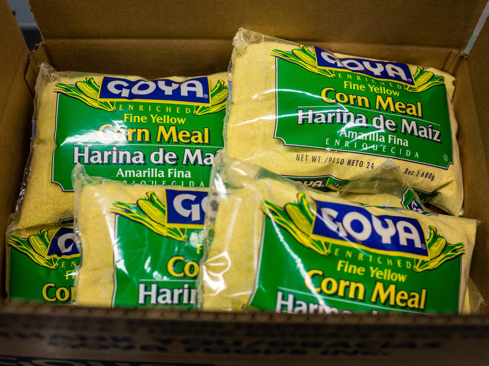 Packages of Goya Foods Inc. corn meal sit in a box at the company's production facility in Secaucus, N.J., in 2018.