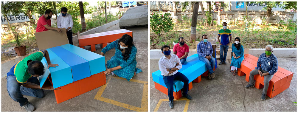 Left: Designer Rhea Shah, right, and her colleagues assemble a cardboard bed at her family's paper factory in the western Indian state of Gujarat. Right: Shah poses for a photo with family members and colleagues who helped manufacture the cardboard bed.