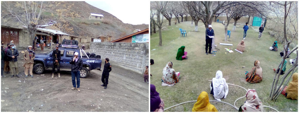 Left: Rehmat Ali Dost makes an announcement at the village of Kushum in the Upper Chitral district of Pakistan. Right: Using a loudspeaker, Dost shares information about COVID-19 in the village of Rech Torkhow.