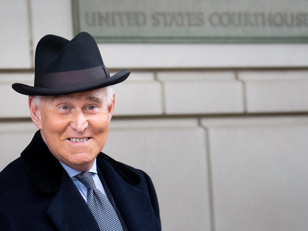 Roger Stone leaves federal court after a sentencing hearing in February in Washington, D.C.