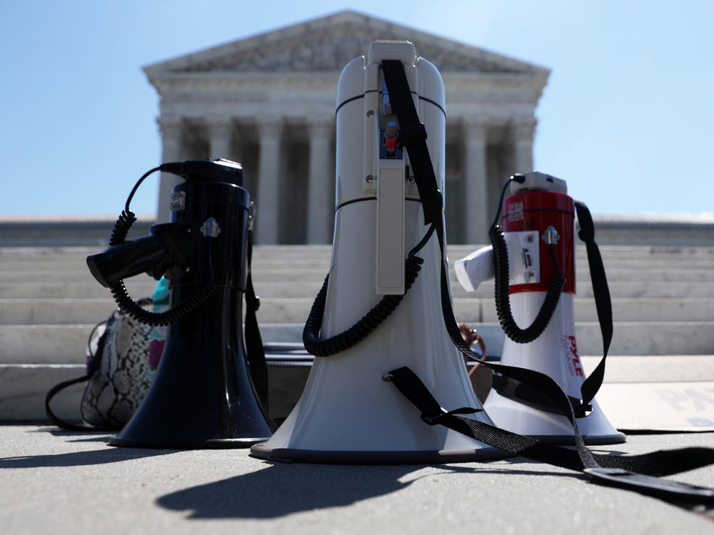 Bullhorns are seen during a demonstration in front of the Supreme Court on June 29. The court had a momentous term with cases ranging from President Trump's financial records to immigration and abortion.