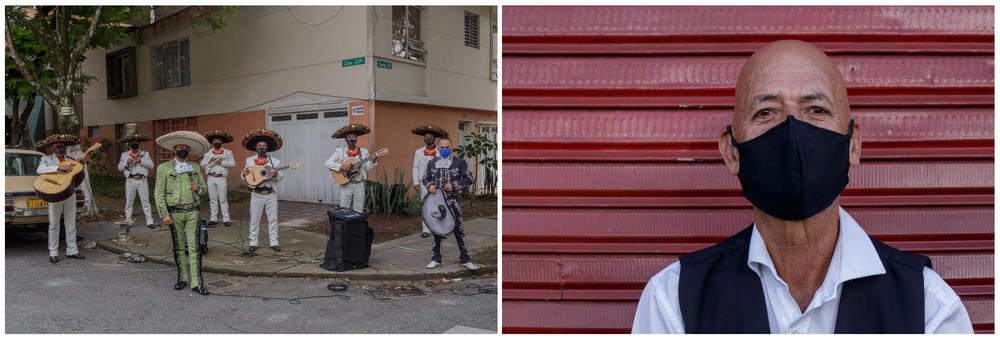 Left: Since lockdown, the band has been going out to busk in different neighborhoods. Right: Antonio Cartagena, an accordion player in a mariachi group meets his bandmates on the street in Medelli­n, Colombia.