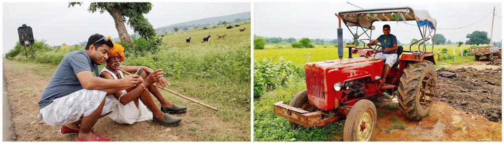 Left: Ruchit Garg, founder of the Harvesting Farmer Network, and a farmer near Bhopal, Madhya Pradesh, India, in 2018. Right: Garg on a tractor during a visit with farmers.