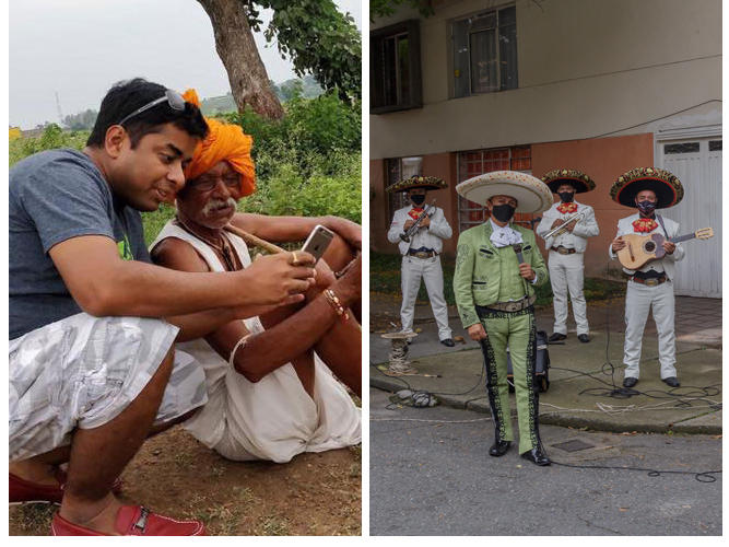 Left: Tech entrepreneur Ruchit Garg is helping farmers connect to customers in India. Center: A mariachi band brings music and joy to the streets of Colombia during lockdown. Right: Designer Rhea Shah created an affordable cardboard bed for health facilities in India.