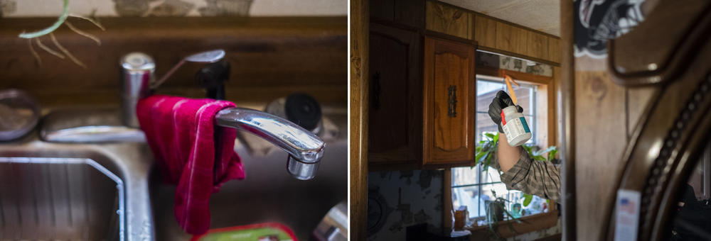 The faucet in Gloria Hammond's kitchen, left. Fletcher Sams holds a bottle of Hammond's well water from the same faucet, right. 