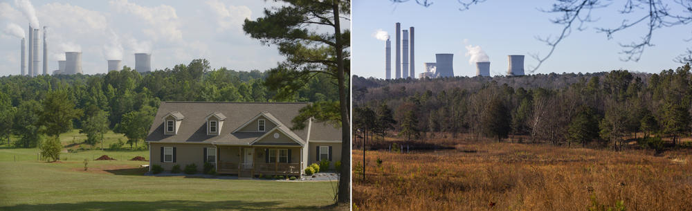 A home downhill from the Plant Scherer ash pond, left, in 2014. The same plot of land in 2020, right. Georgia Power has bought homes, demolished them and then padlocked the land on which they sat around the coal ash pond of Plant Scherer. 