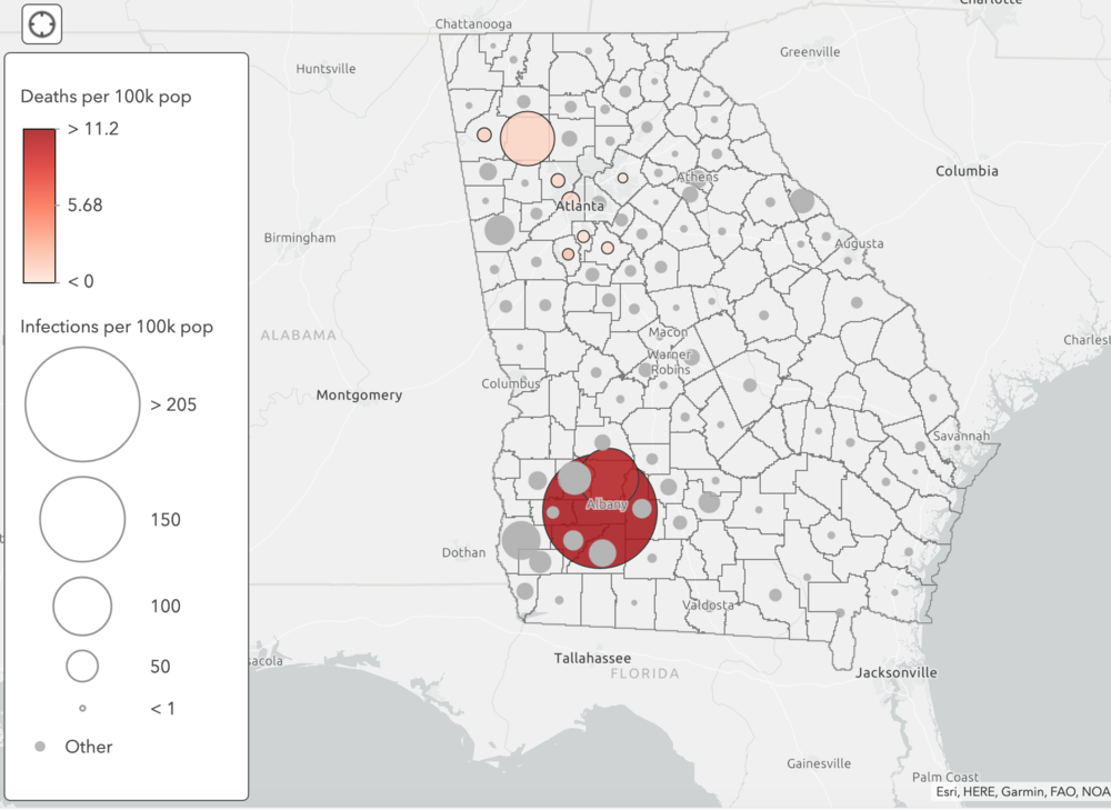 Georgia coronavirus infections and deaths by county, per 100,000 people. Data: Georgia DPH, GEMA and U.S. Census Bureau. 