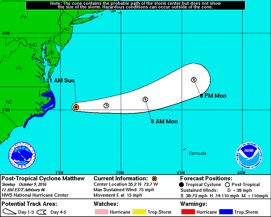 National Hurricane Center's projected path of Post-Tropical Cyclone Matthew.