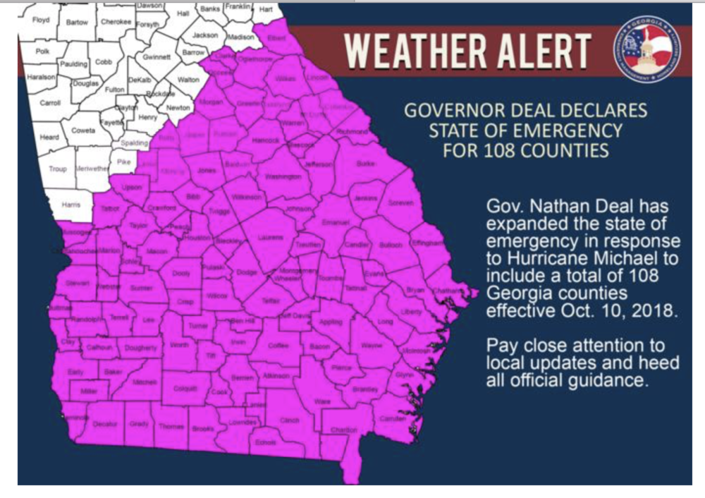 Governor Nathan Deal expanded the emergency declaration today to cover 108 Georgia counties after Hurricane Michael was upgraded to a Category 4 storm