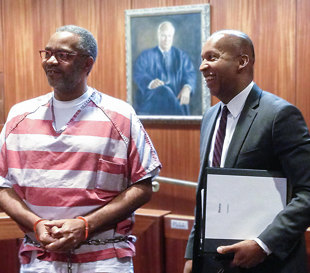 Hinton was acquitted of all charges after spending 28 years on death row. He stood with his lead attorney, Bryan Stevenson, on the day he was exonerated. 