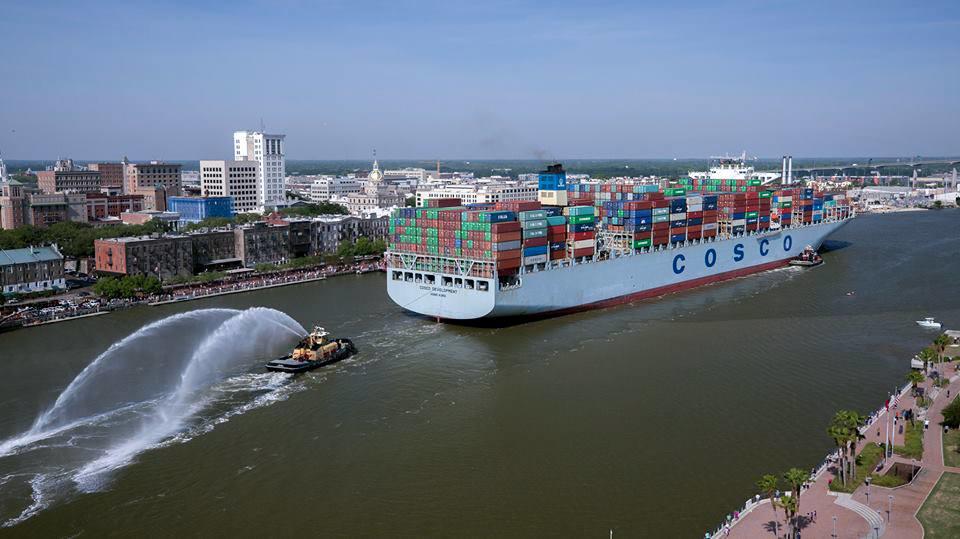 The container ship COSCO Development sails up river past the historic district of Savannah, Ga., to the Port of Savannah, on Thursday, May 11, 2017. At 1,201 feet long and 158 feet wide, the ship is the largest vessel ever to call on the U.S. East Coast.