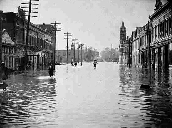 Storm surge from a landfalling hurricane on Cumberland Island, Georgia in 1898. This is looking south on Newcastle Street in Brunswick, Georgia.