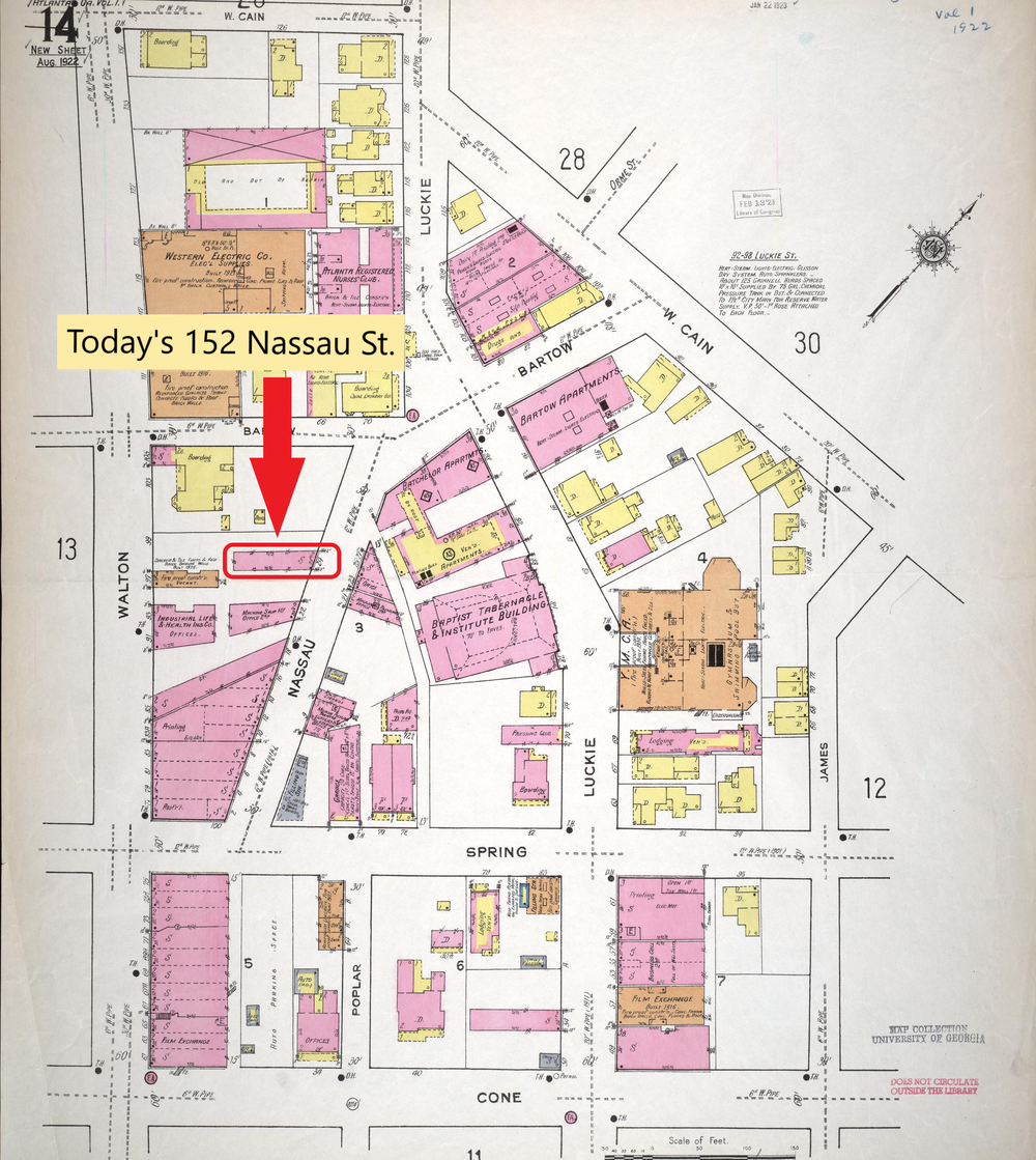 1922 Sanborn Fire Insurance Map showing the building at 24 Nassau Street. When street numbers changed in 1926, that location became 152 Nassau Street.