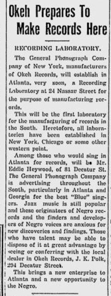 An article from the front page of the Atlanta Independent on June 14, 1923, announcing the "recording laboratory" being set up in downtown Atlanta by Ralph Peer and OKeh Records.  