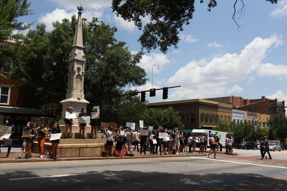 Protester's gather at the memorial to Confederate war dead in downtown Athens on June 2. 