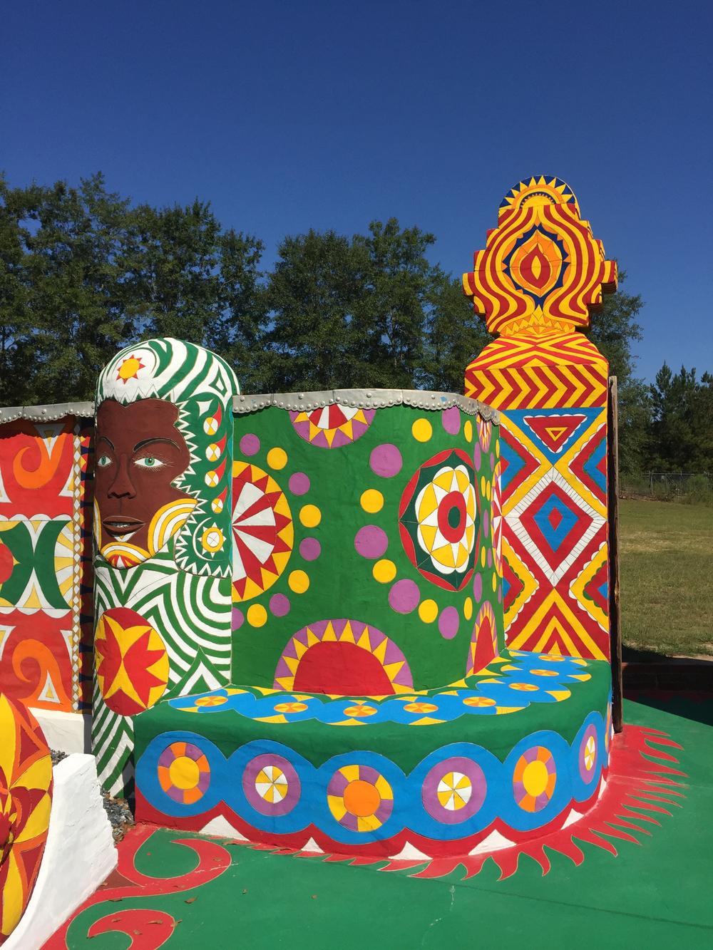 The front entrance gate of visionary art site Pasaquan in Buena Vista, Ga.