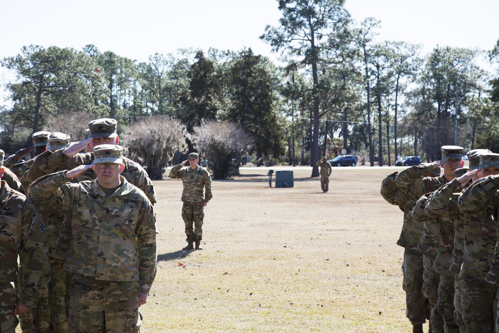 Members of the Army's 3rd Infantry Division during the beginning of the Color Casing ceremony at Fort Stewart in Hinesville Tuesday. The 3rd ID will soon deploy to the Korean Peninsula for the first time since the Korean War. 
