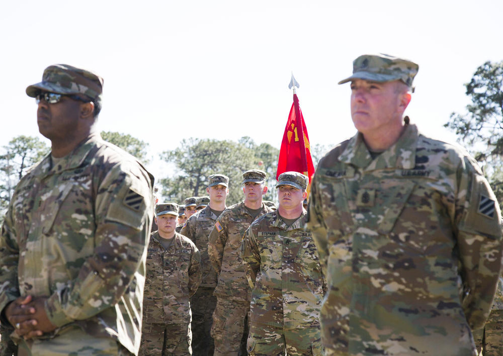 Members of the Army's 3rd Infantry Division wait for the beginning of the Color Casing ceremony at Fort Stewart in Hinesville Tuesday. The 3rd ID will soon deploy to the Korean Peninsula for the first time since the Korean War. 