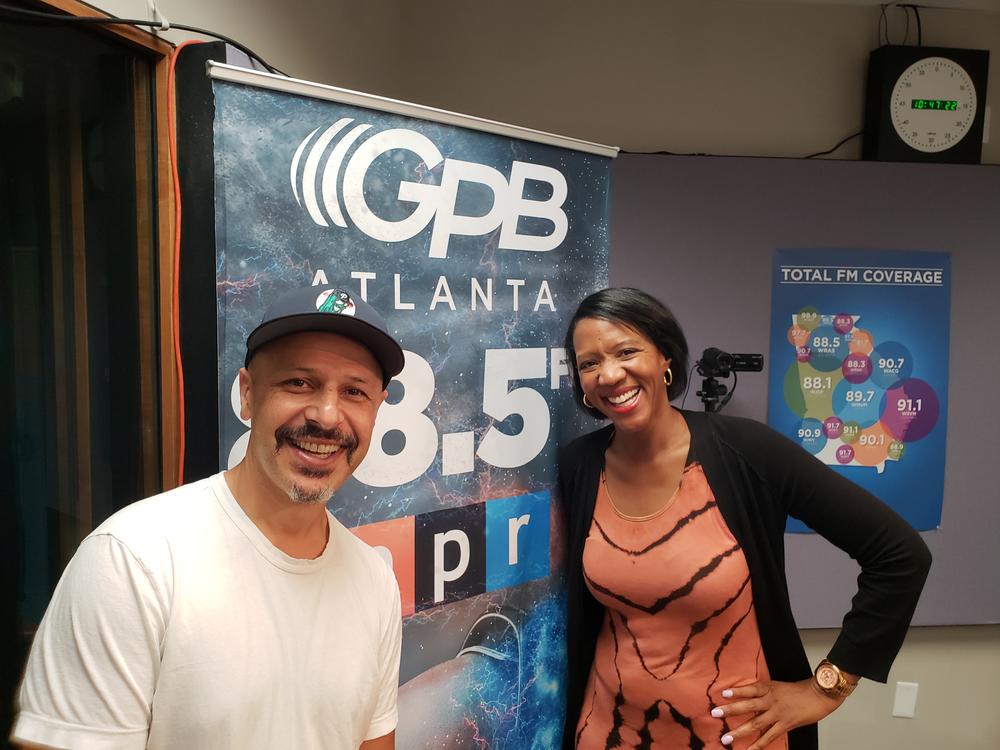 Comedian Maz Jobrani [left] with GPB's Leah Fleming [right]