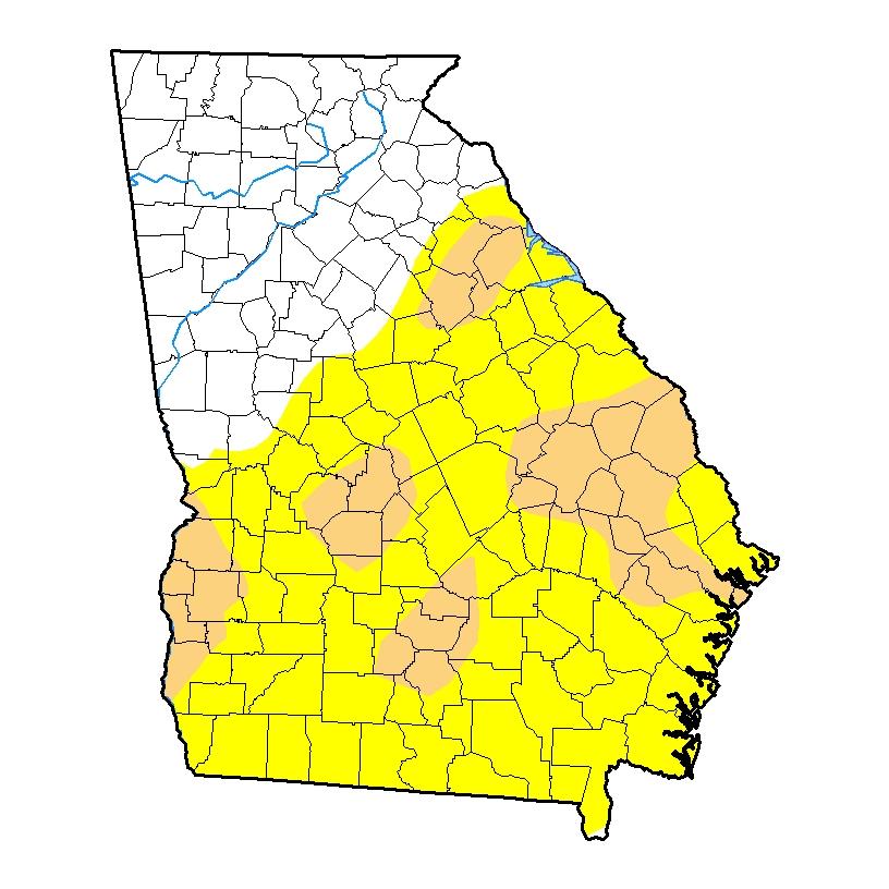 Yellow indicates abnormally dry conditions in Georgia. The areas in brown are experiencing a moderate drought.