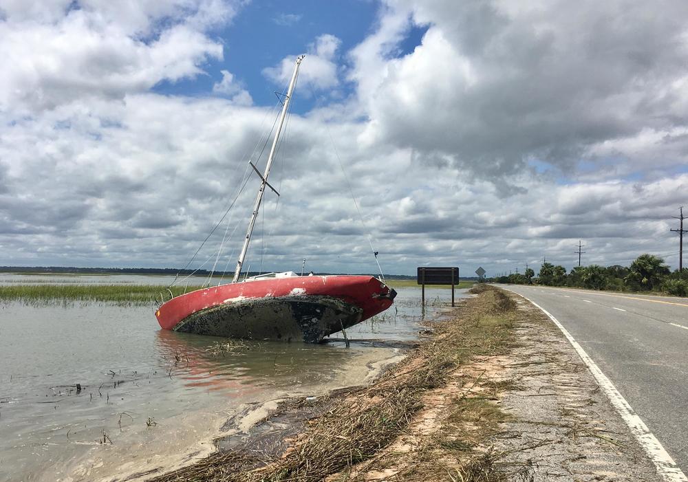 Sailboat on its side along U.S. Hwy 80, the road to Tybee Island, after Irma.