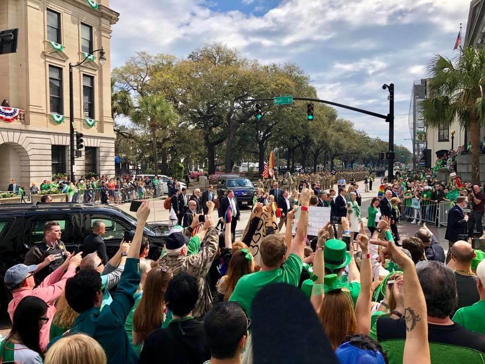 Vice President Mike Pence and Savannah officials marching in the 2018 St. Patrick's Day Parade