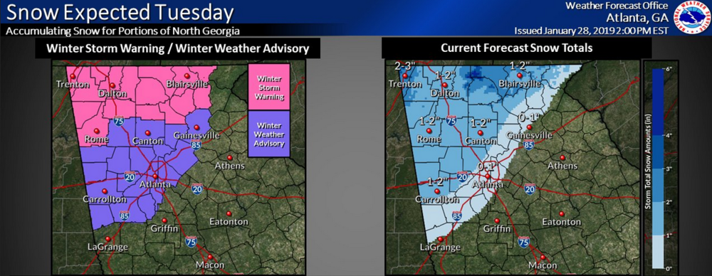 A Winter Storm Warning over far north Georgia and a Winter Weather Advisory over much of north-central Georgia are in effect from 3 a.m. until 7 p.m. Tuesday. 