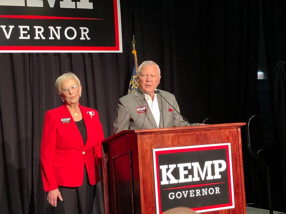 Outgoing Gov. Nathan Deal addresses Brian Kemp supporters early in the night.