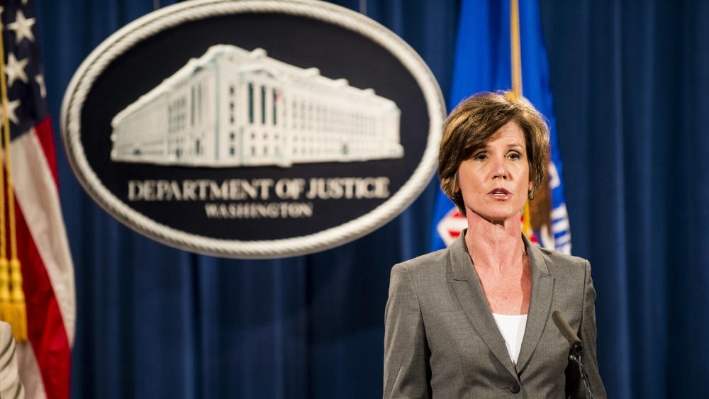 Then-Deputy Attorney General Sally Yates speaks during a news conference at the Department of Justice in Washington, D.C., in 2016. Yates is scheduled to appear before the Senate Judiciary Committee on May 8.