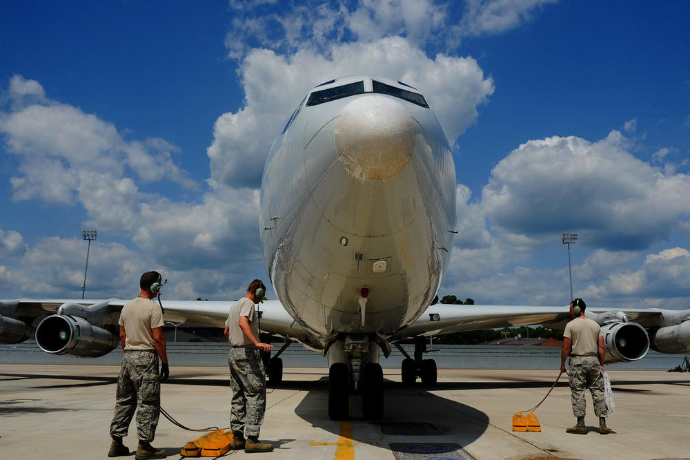  JSTARS aircraft crew chiefs recover an E-8C Joint STARS returning from a mission in 2012.