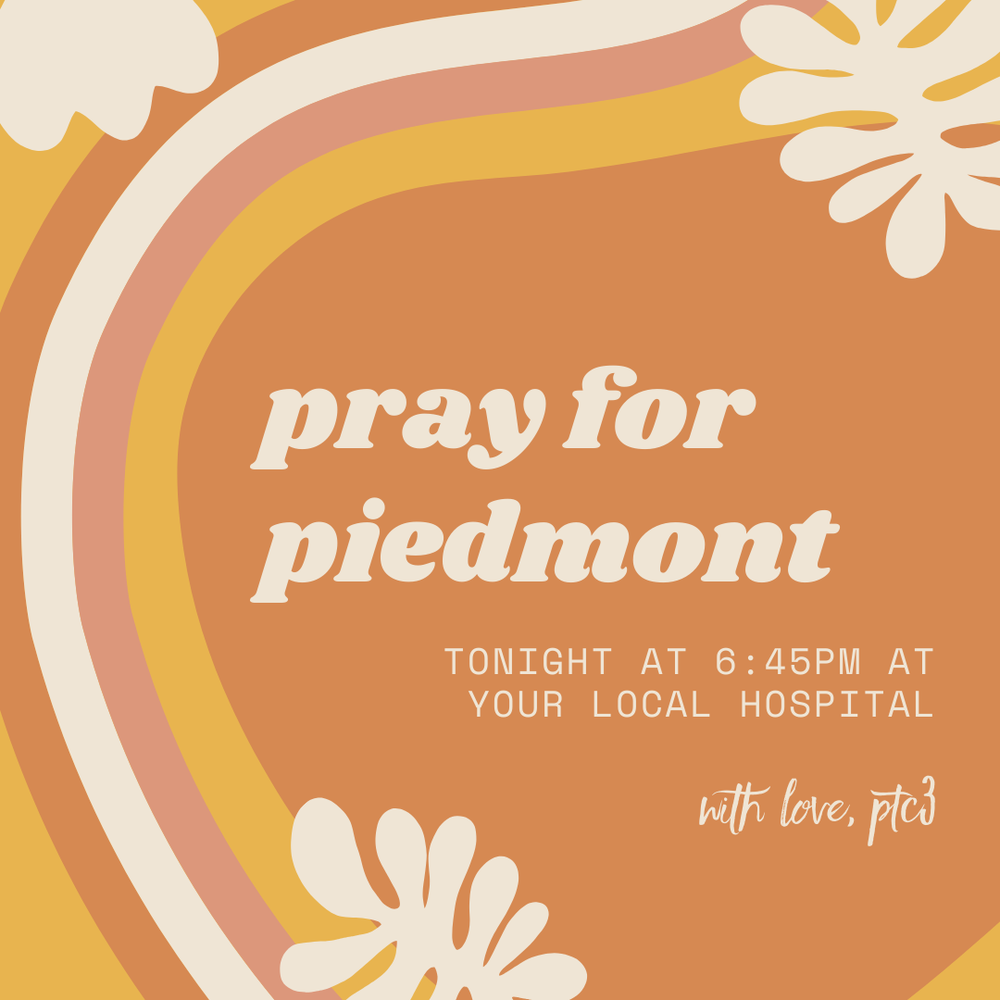 Peachtree City Christian Church announcement for gathering at Piedmont Newan and Fayette Hospitals starting at 6:45 p.m. on March 29th. 