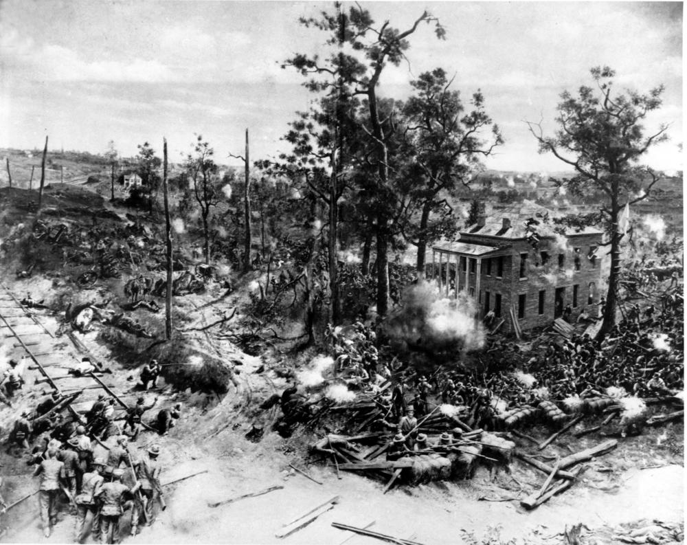 A close-up of a section of a cyclorama depicting the Battle of Atlanta from the American Civil War is seen in this undated photograph.
