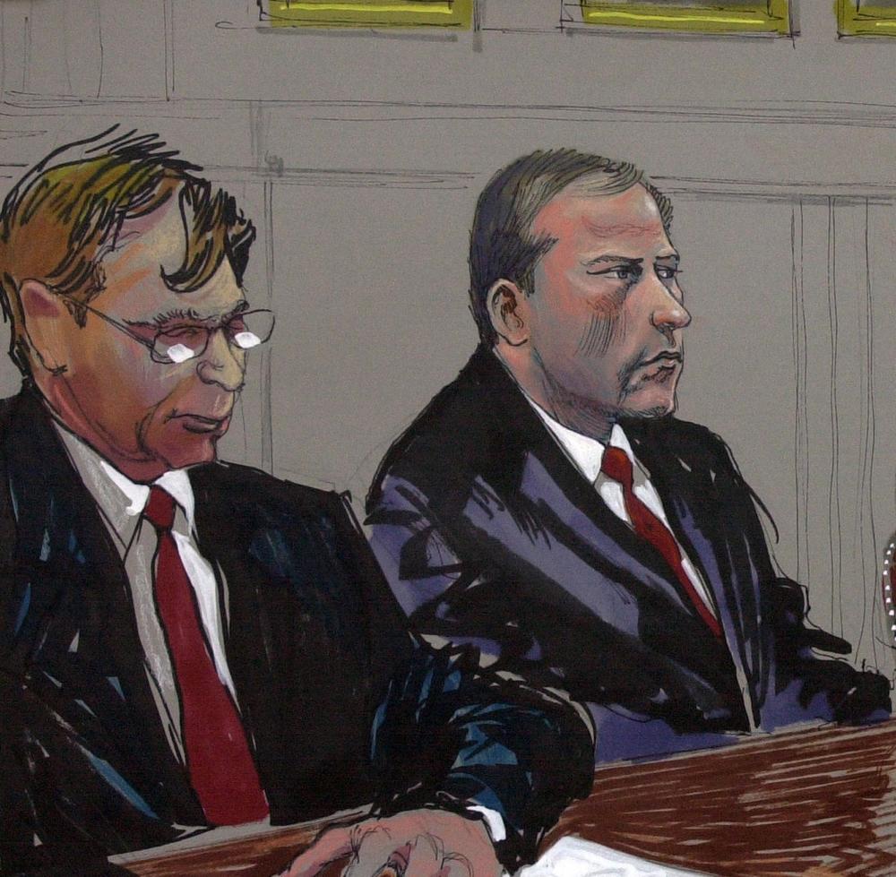 Defense attorney Richard Jaffe, left, and bomber Eric Rudolph, right, are shown in this courtroom artist's rendering, during a hearing Tuesday, June 22, 2004, in Huntsville, Ala.