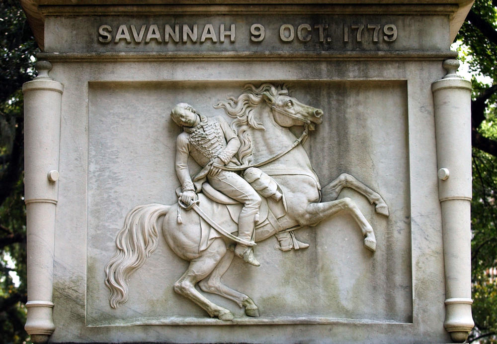 A carving of Brig. Gen. Casimir Pulaski is shown on the 54-foot monument to Pulaski on Monterey Square in Savannah, Thursday, June 23, 2005.