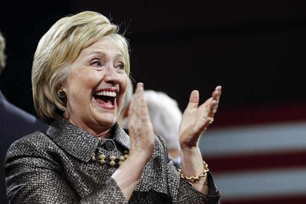 Democratic presidential candidate Hillary Clinton smiles at her presidential primary election night rally, Tuesday, April 26, 2016, in Philadelphia.