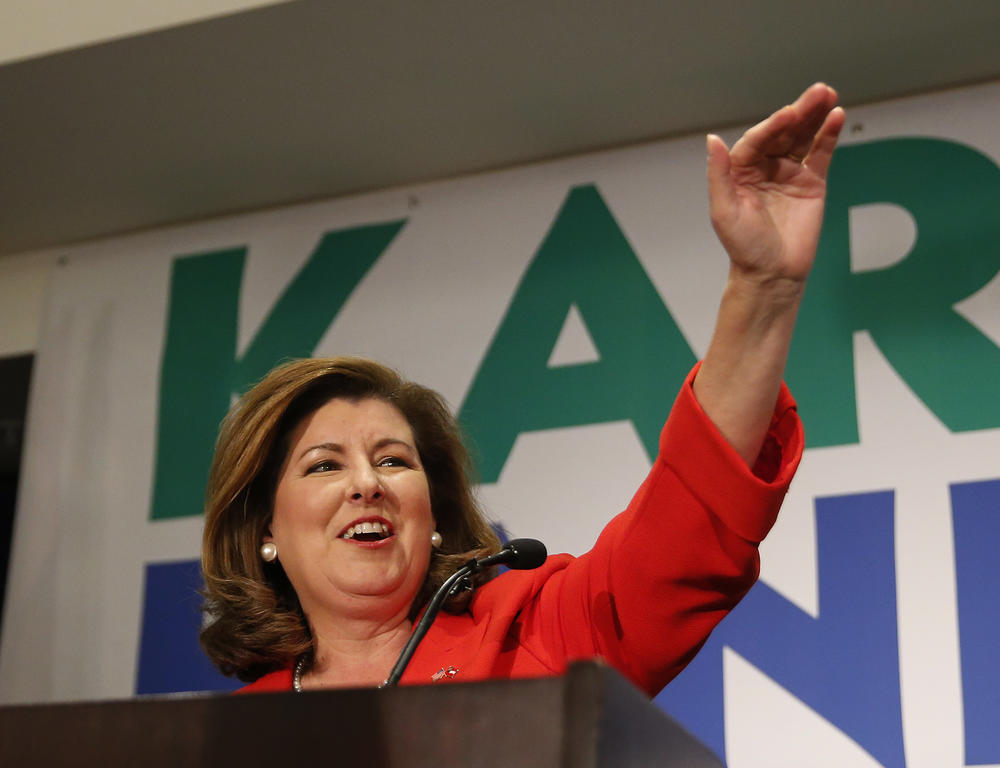 Republican candidate for Georgia's 6th District Congressional seat Karen Handel declares victory during an election-night watch party Tuesday, June 20, 2017, in Atlanta. 