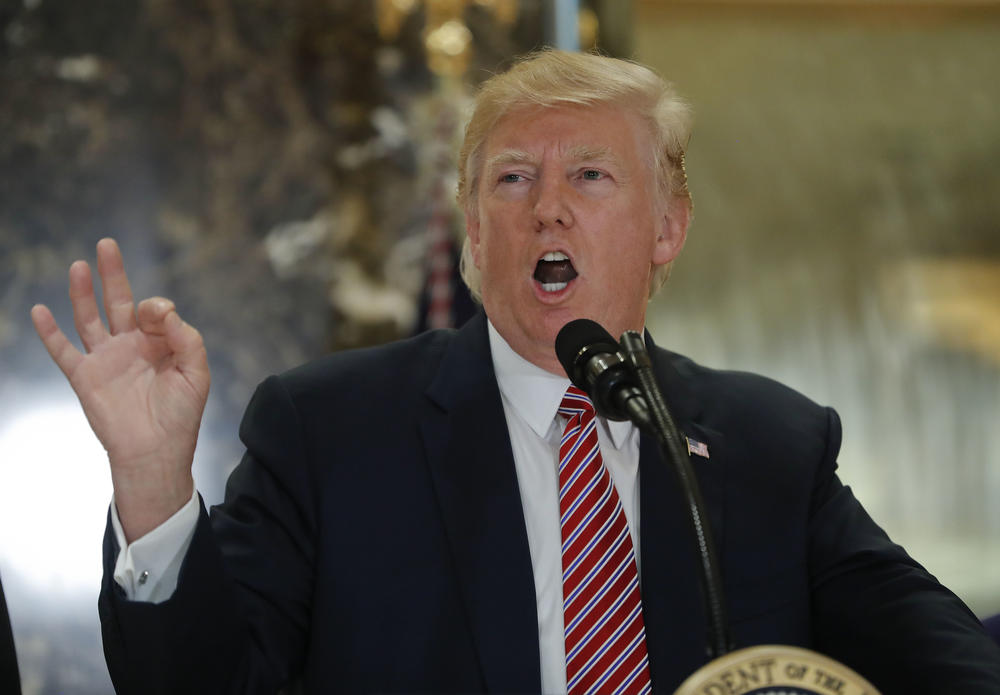 President Donald Trump speaks to the media in the lobby of Trump Tower, Tuesday, Aug. 15, 2017 in New York.