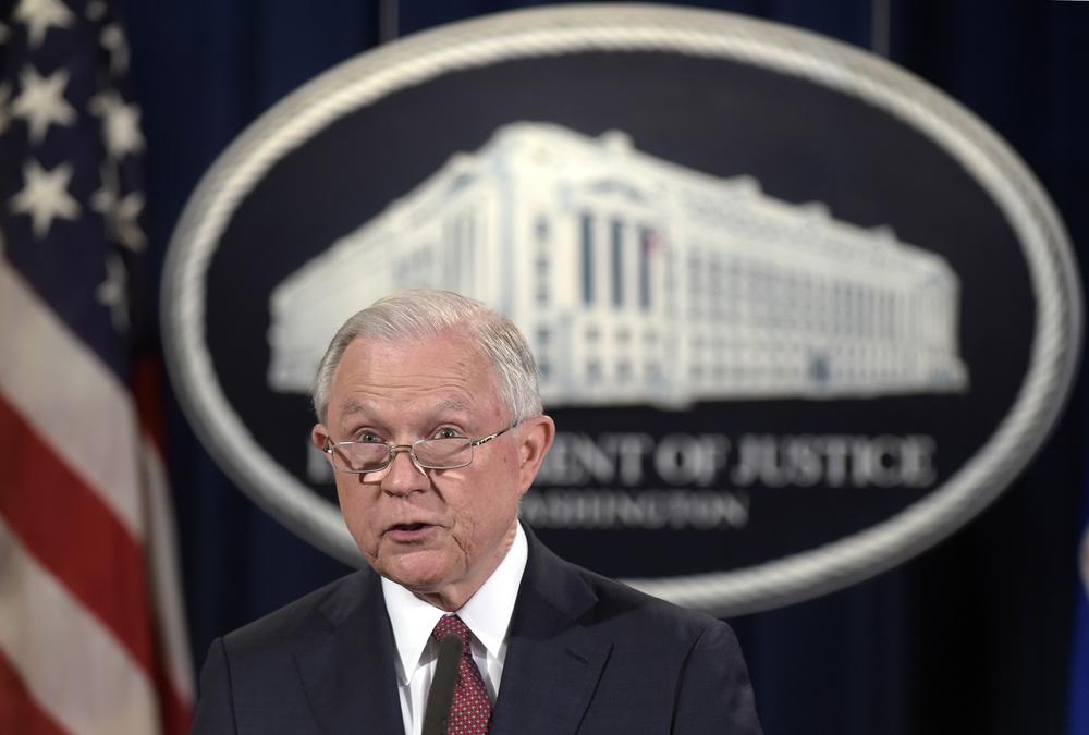U.S. Attorney General Jeff Sessions at the Justice Department in Washington. Sessions says most of the time, civil forfeiture is an effective law enforcement tool.