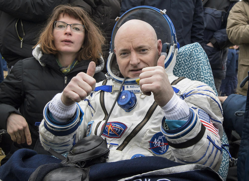 International Space Station (ISS) crew member Scott Kelly of the U.S. reacts after landing near the town of Dzhezkazgan, Kazakhstan.